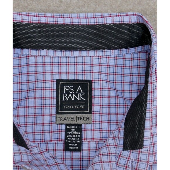 Jos A Bank Travel Tech Shirt Men 2XL Tailored Fit Blue Red Button Up Long Sleeve - Picture 5 of 11